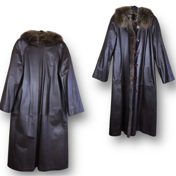 Revillon Saks 5th Avenue Brown Leather Lined By Racoon Fur Full Length Coat M-L - Picture 4 of 13